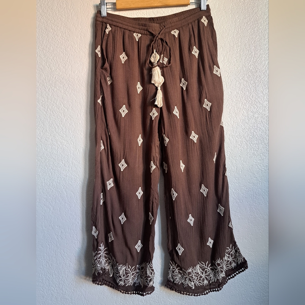 Sundance Brown White Boho Le Meridien Embroidered Cropped Pants Size XS
